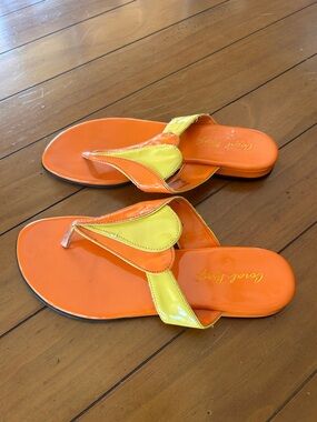 Coral Bay Orange and Yellow Patent Flip Flops Casual Summer